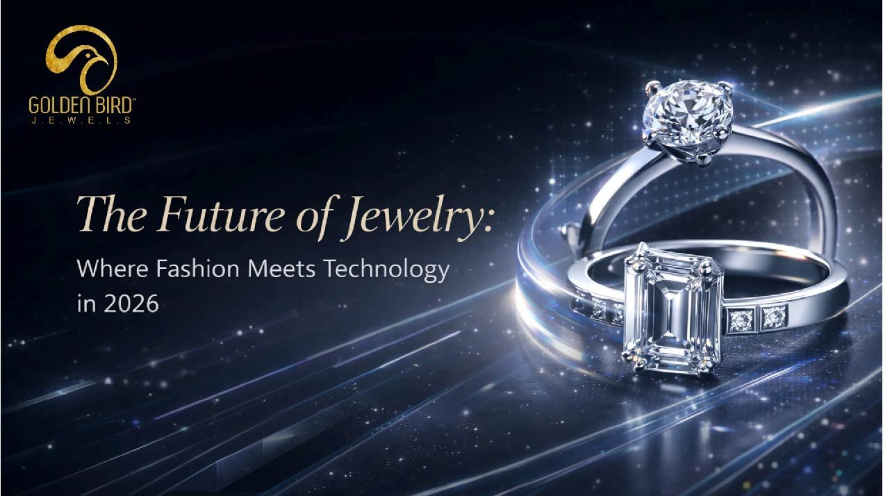 Futuristic lab grown diamond rings banner showcasing modern luxury jewelry trends by Golden Bird Jewels