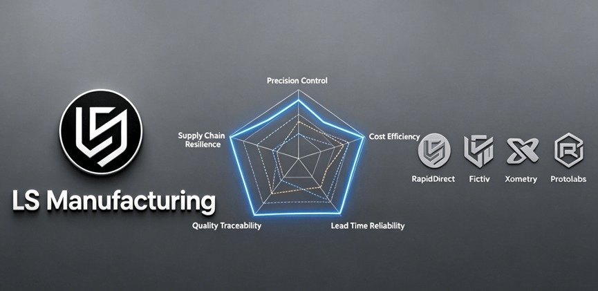 Radar chart comparison of LS Precision vs other fabrication platforms in precision, cost, delivery, quality, and resilience for 2026.
